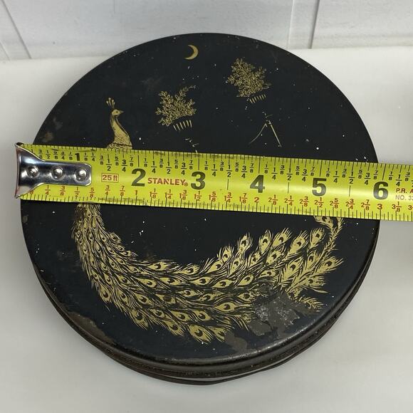 Vintage 1920-30s Round Tindeco Metal Tin Gold Peacock on Black 6” - Picture 13 of 14